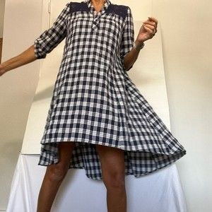 Altar'd State Dress, Split Neck, Roll Tab Sleeves, Cotton Plaid Blue & White Med